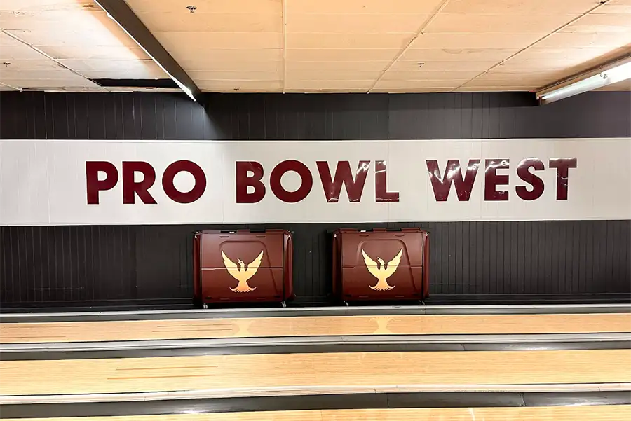 Pro Bowl West sign displayed above the bowling lanes in Fort Wayne, IN