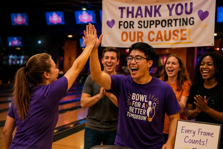 Bowlers high-fiving at a charity fundraiser event at Pro Bowl West in Fort Wayne, IN